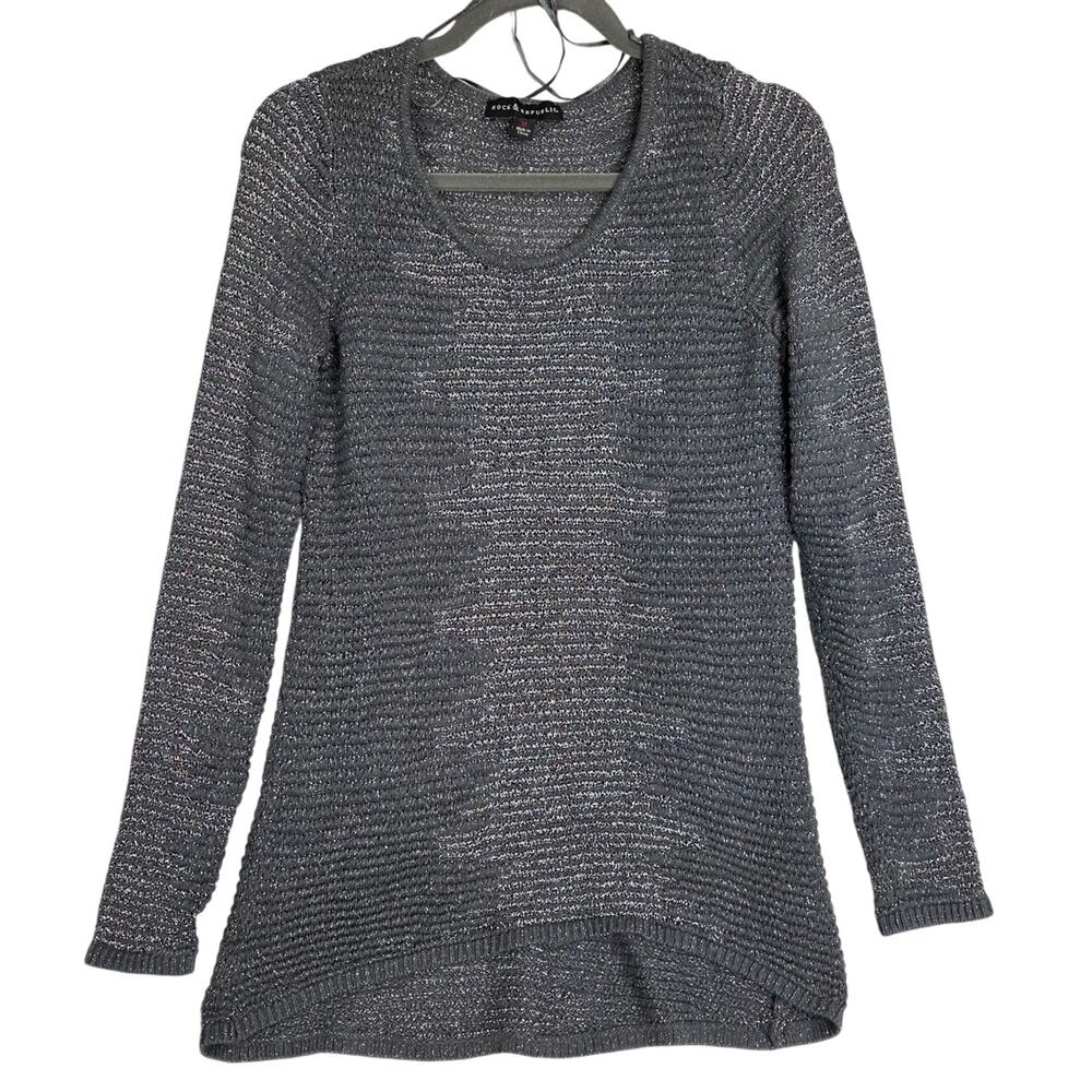 Rock & Republic Gray Sparkle Crochet Knit Sweater M Holiday Festive Whimsy Tunic